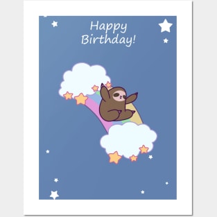 Happy Birthday Rainbow Cloud Sloth Posters and Art